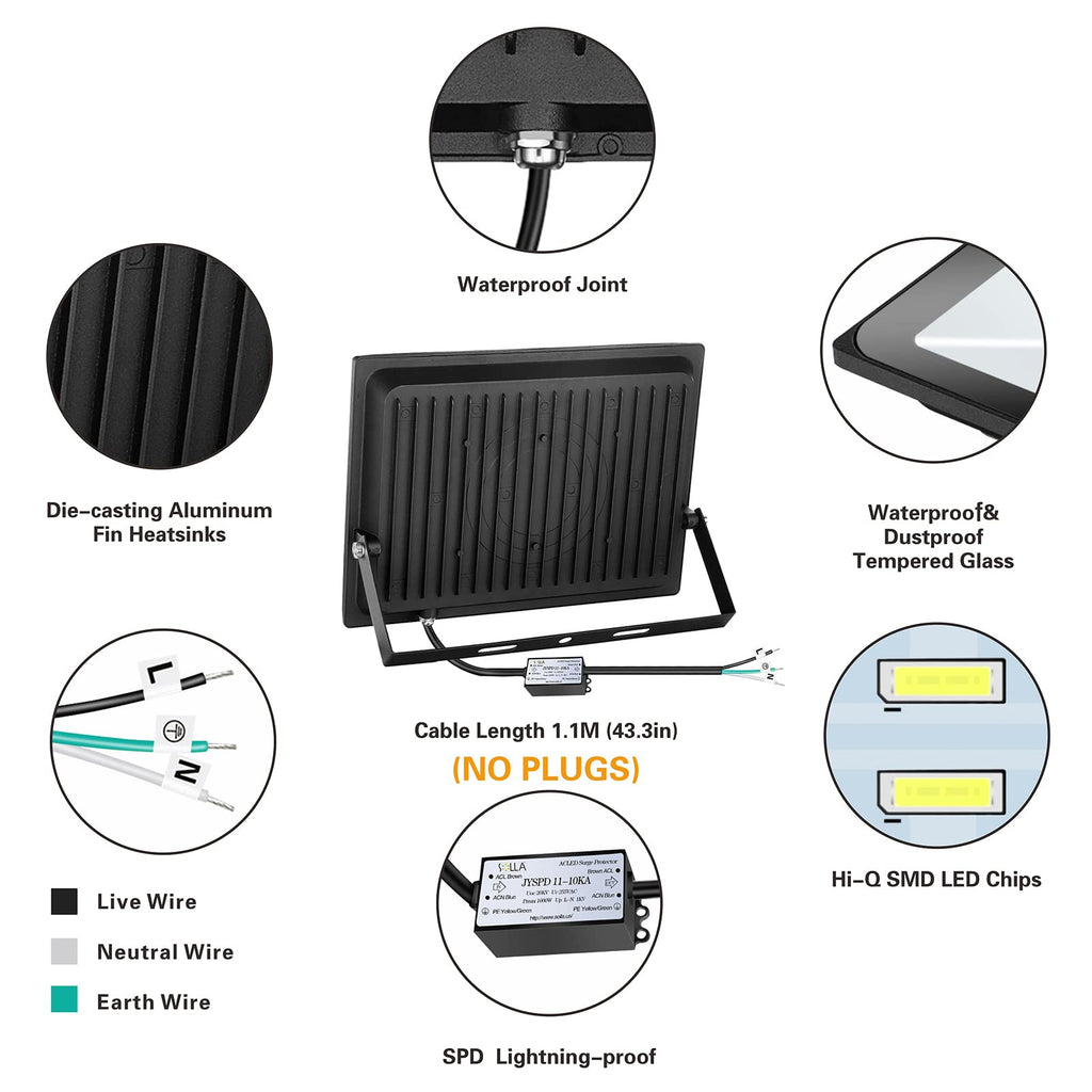 2 Pack 100W LED Flood Light Outdoor, 8000LM Super Bright Security Lights, 550W Equivalent, IP66 Waterproof, 3000K Warm White, Outside Floodlight for Garage, Garden, Lawn and Yard