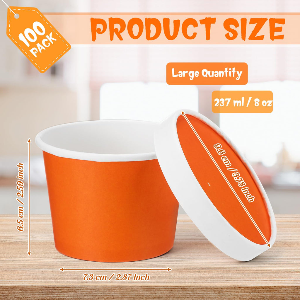 Fulmoon 100 Pack Paper Soup Containers with Lids Disposable Paper Food Containers with Vented Lid Kraft Ice Cream Cake Dessert Cups Soup Bowl for Party Hot Food Fruit Microwave(4 oz,Brown)