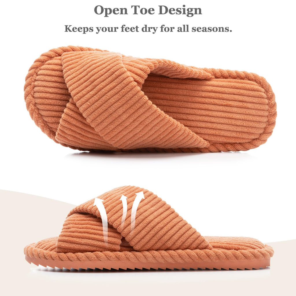 GOEWY Slippers for Women Memory Foam House Bedroom Corduroy Crossbands Open Toe Slides Sandals Shoes Comfy Trendy Gift for womens Anti-Skid sole