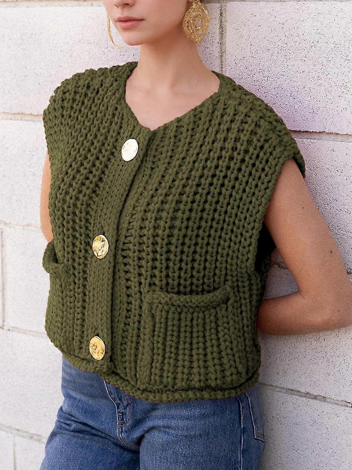KEOMUD Women's Sleeveless Cropped Knit Cardigan Casual Button Down Crochet Sweater Vest Tops with Pockets
