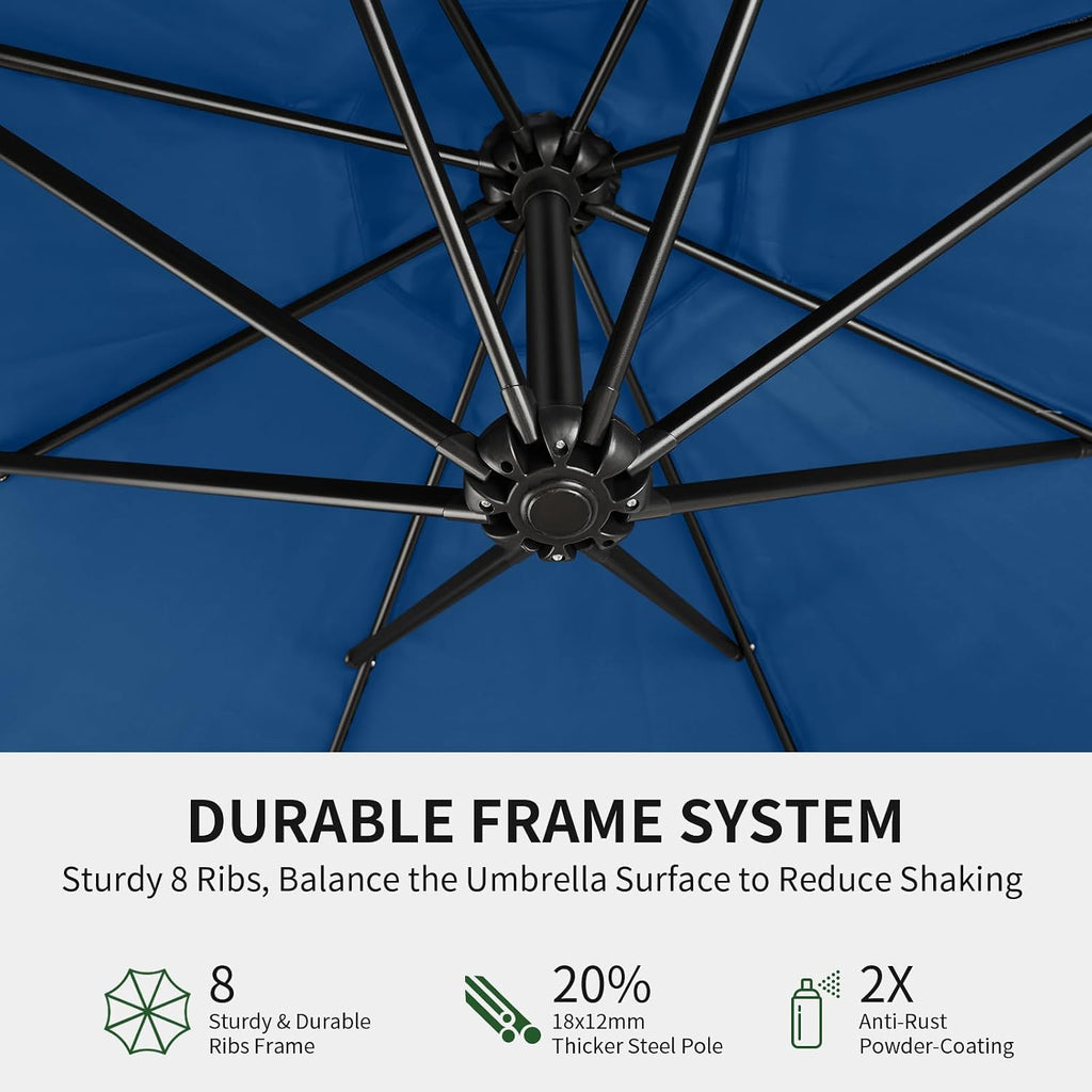 OLILAWN 10ft Patio Umbrella with Base Included, Outdoor Offset Cantilever Umbrella w/Upgraded Yarn-dyed Fabric Shade, Sturdy 8 Rids, Easy Tilt Adjustment, for Pool Deck Porch Backyard Garden,Navy Blue