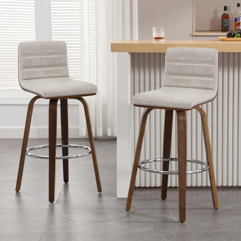 Bar Stools 29 Inch Bar Height, Swivel Bar Stools with Backs Upholstered PU Leather Barstool, L Shape Back and Padded Seat, Mid-Century Modern Bar Stool Pub Chairs for Kitchen Counter Island, Black