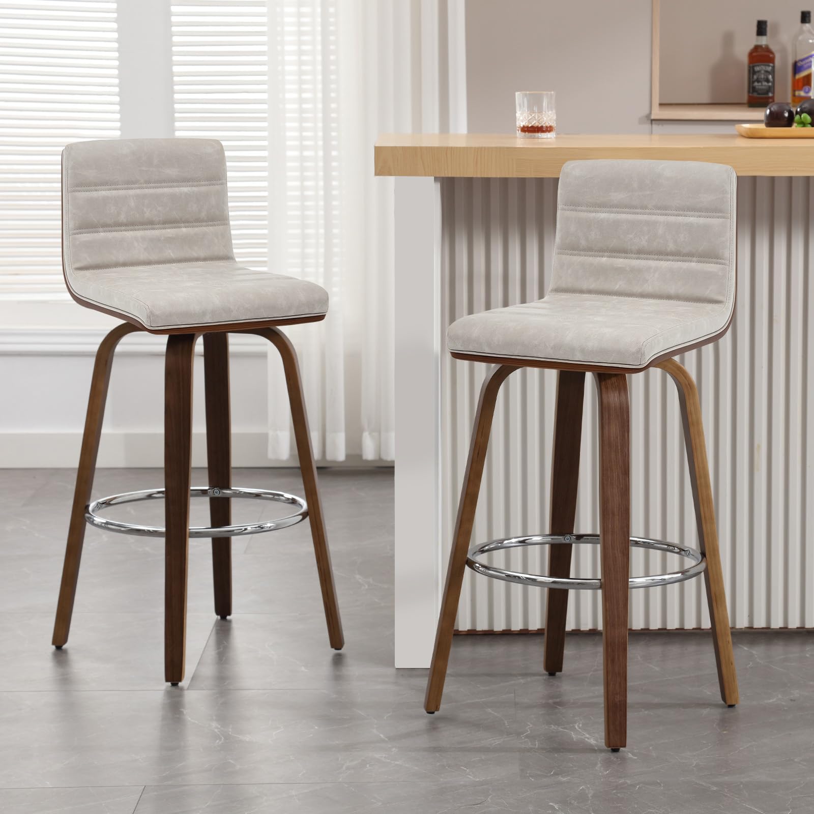 Bar Stools 29 Inch Bar Height, Swivel Bar Stools with Backs Upholstered PU Leather Barstool, L Shape Back and Padded Seat, Mid-Century Modern Bar Stool Pub Chairs for Kitchen Counter Island, Black