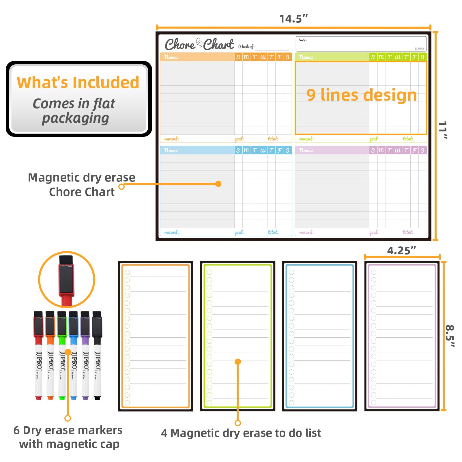 JJPRO Magnetic Dry Erase Chore Chart Set for Fridge-Used for Multiple Kids-One Chore Chart and Two Bonus Dry Erase Pad/Grocery Boards-Behavior Chart for Multiple Kids