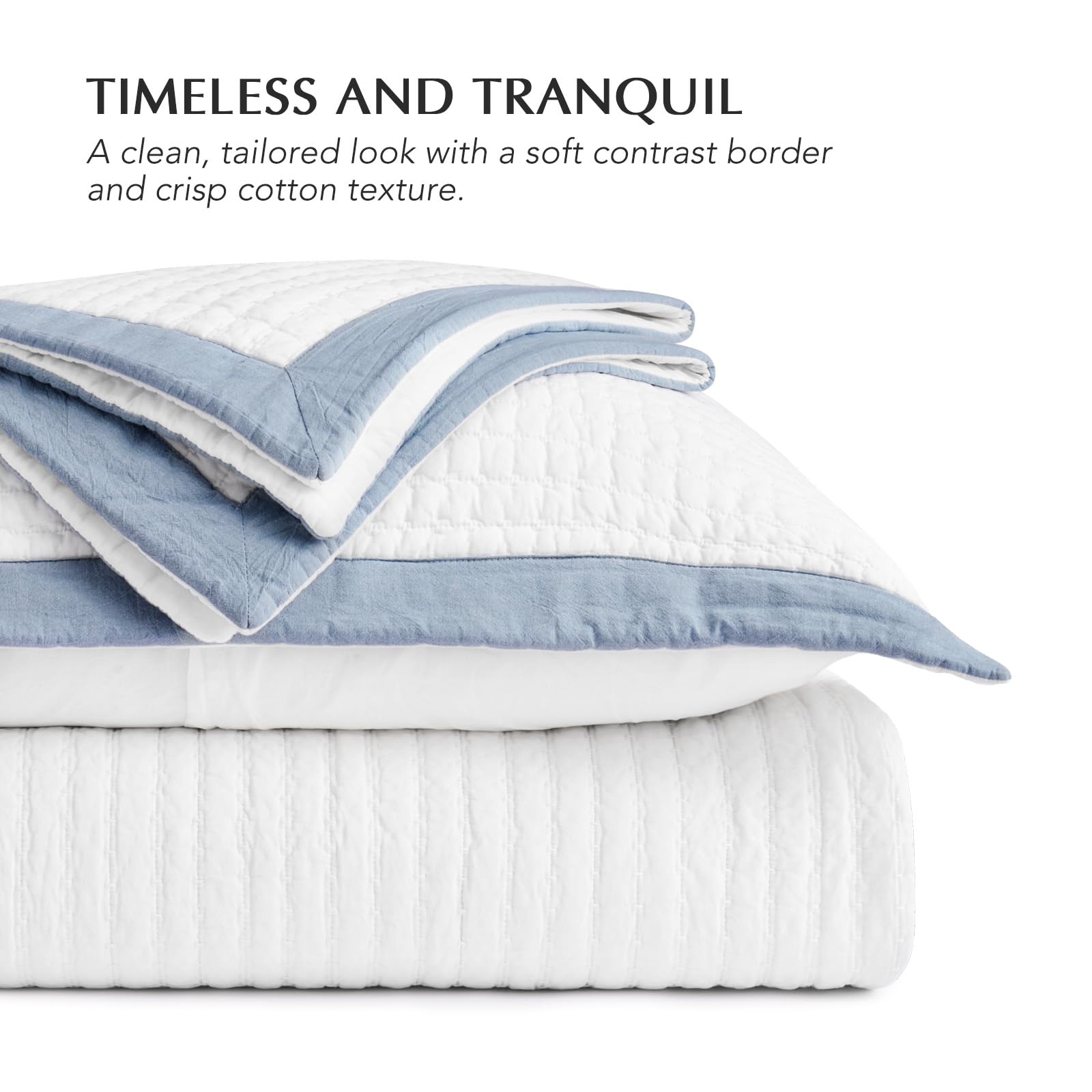 EVERGRACE Cotton Border Frame Tack-Stitch Quilt Bedding Set Queen Size, Coastal Oversized 3 Pieces Lightweight Bedspread Coverlet for All Season, with 2 Matching Shams, Blue Linen