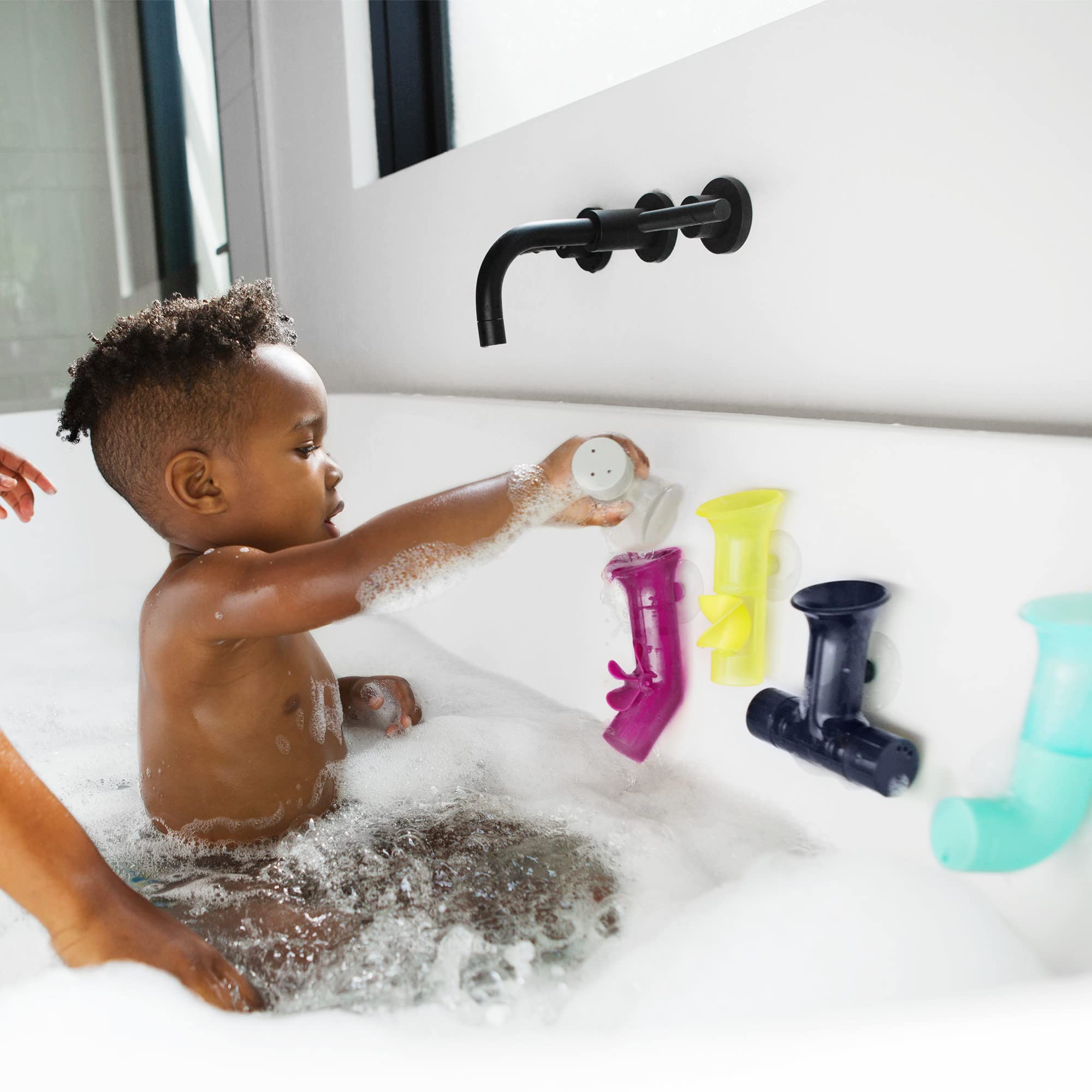 Boon Pipes Toddler Bath Toys - Interactive Toddler Sensory Toys - Suction Bath Toys for Hand Eye Coordination and Fine Motor Skills - Multicolored - 5 Count- Ages 12 Months and Up