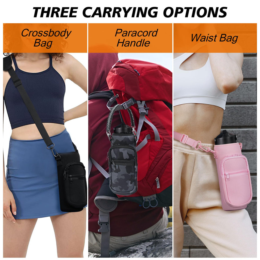 AceTreker 32/40/64/128 oz Neoprene Insulated Water Bottle Carrier Bag, Sling Bag Sleeve Pouch Holder with Strap & Paracord Handle and 2 Pocket for Travelling, Hiking, Camping