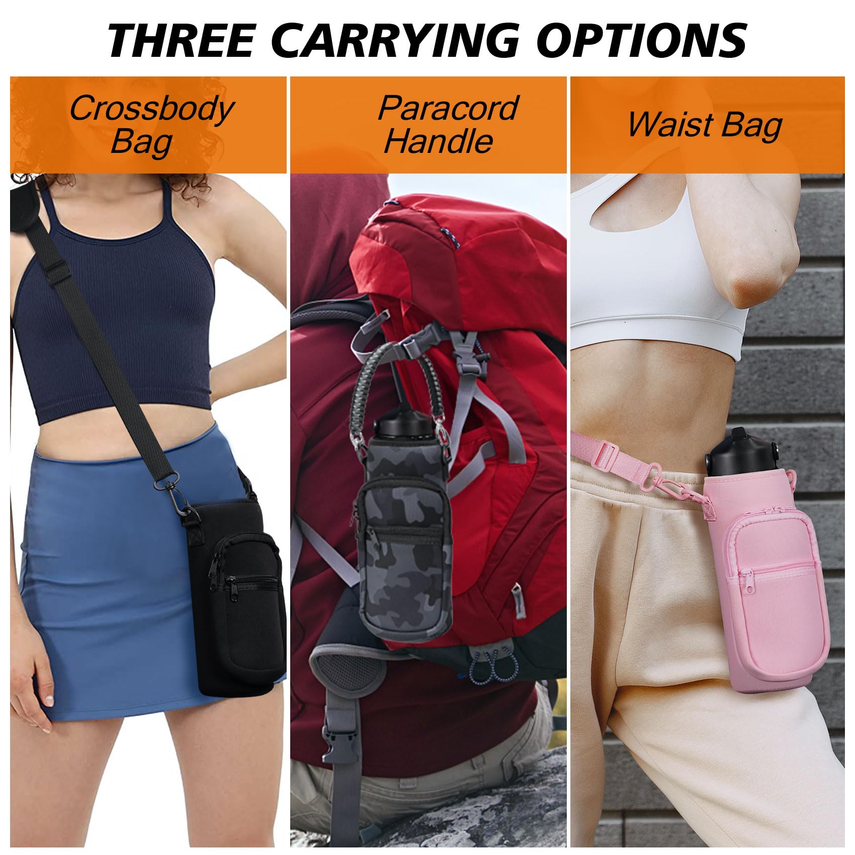 AceTreker 32/40/64/128 oz Neoprene Insulated Water Bottle Carrier Bag, Sling Bag Sleeve Pouch Holder with Strap & Paracord Handle and 2 Pocket for Travelling, Hiking, Camping