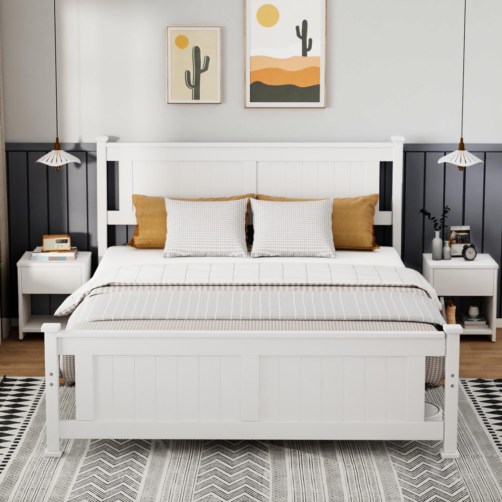 Bonnlo Twin Size Solid Wood Platform Bed Frame, Single Bed with Headboard, No Box Spring Needed Panel Bed, Wood Slat Support Mattress Foundation, White