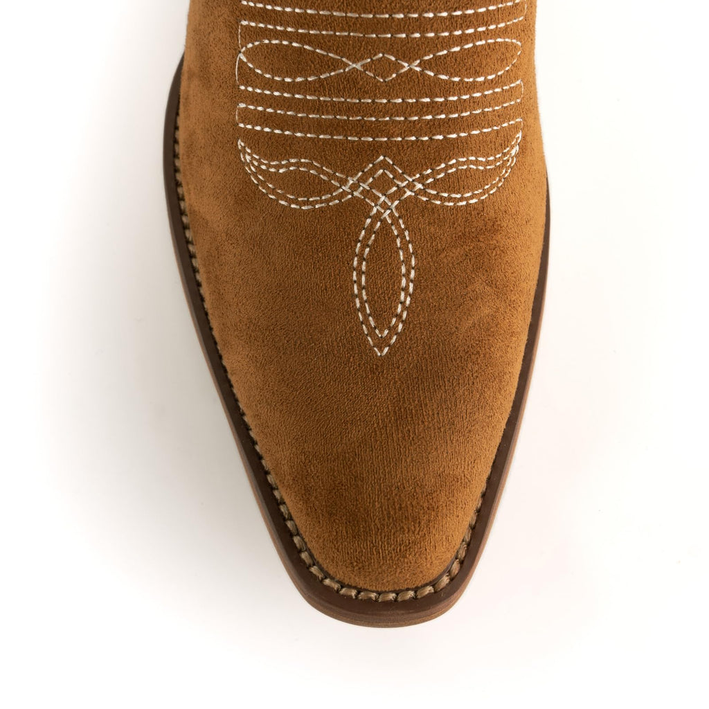 GORBINETI Women Cowboy Boots Mid Calf Cowgirl Western Boots Embroidered Suede Pull On Almond Toe Chunky Heel