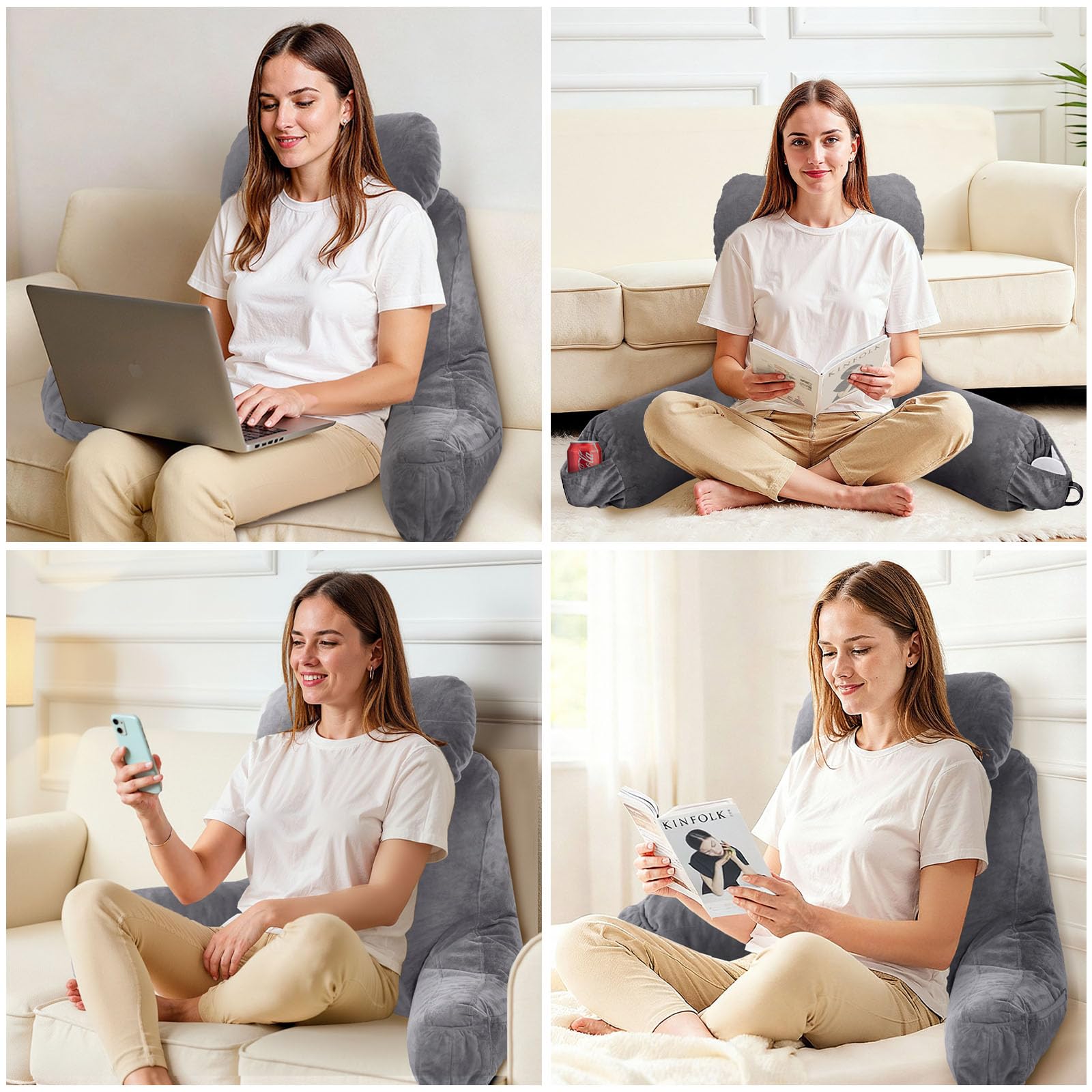 OAISZ Reading Pillow for Sitting in Bed Adult, Reading Pillow with Shredded Memory Foam, Bed Pillow with Washable Cover, Back Pillow Sitting Up with Extend Arms, Beige, X-Large