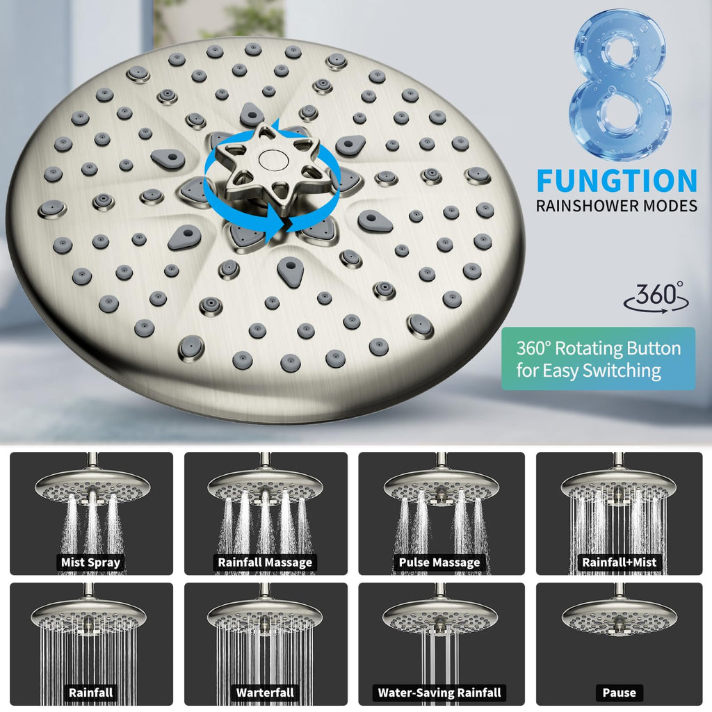EMBATHER Shower Faucets Sets Complete, with 3 Setting High Pressure Shower Head Combo, Bathroom Wall Mounted Rainfall Shower System Fixtures with 8-Mode Handheld Spray, Brushed Nickel