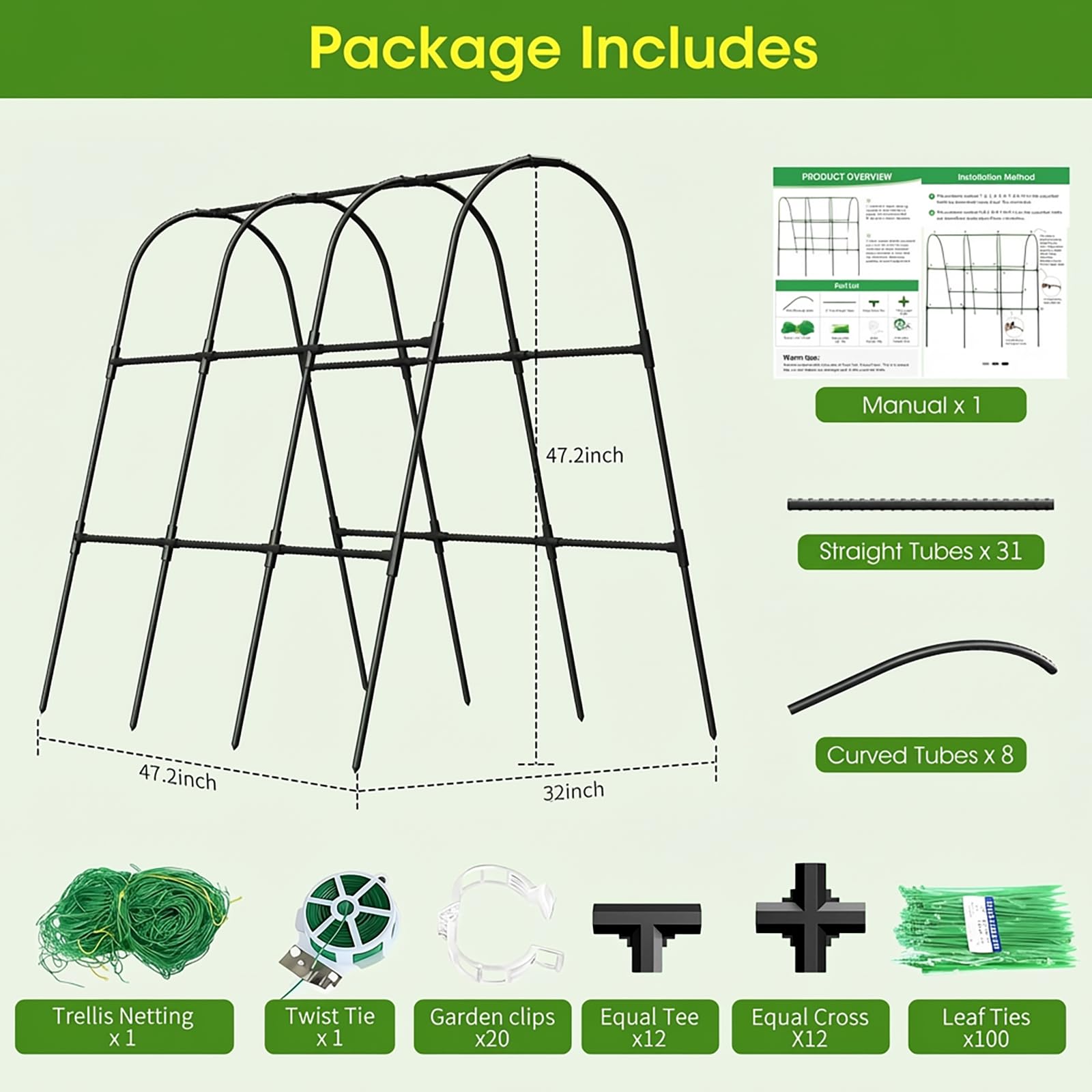 Cucumber Trellis for Raised Bed,U-Shape Garden Trellis for Climbing Plants Outdoor, Metal Arch Vegetables Trellis, Plant Support for Vine (Green, 31.5" Lx21.6 Wx47.2 H-Small)