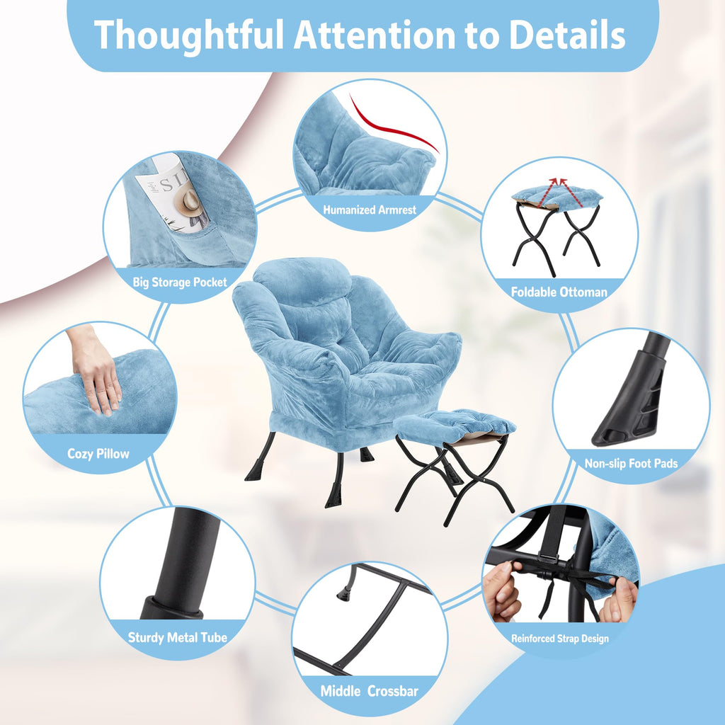 Youtanic Lazy Chair with Folding Ottoman, Accent Chair Velvet Upholstered with Metal Structure and Non-Slip Pads, Sofa Armchair with Footrest and Side Storage Bag for Dorm, Room, Office, Beige