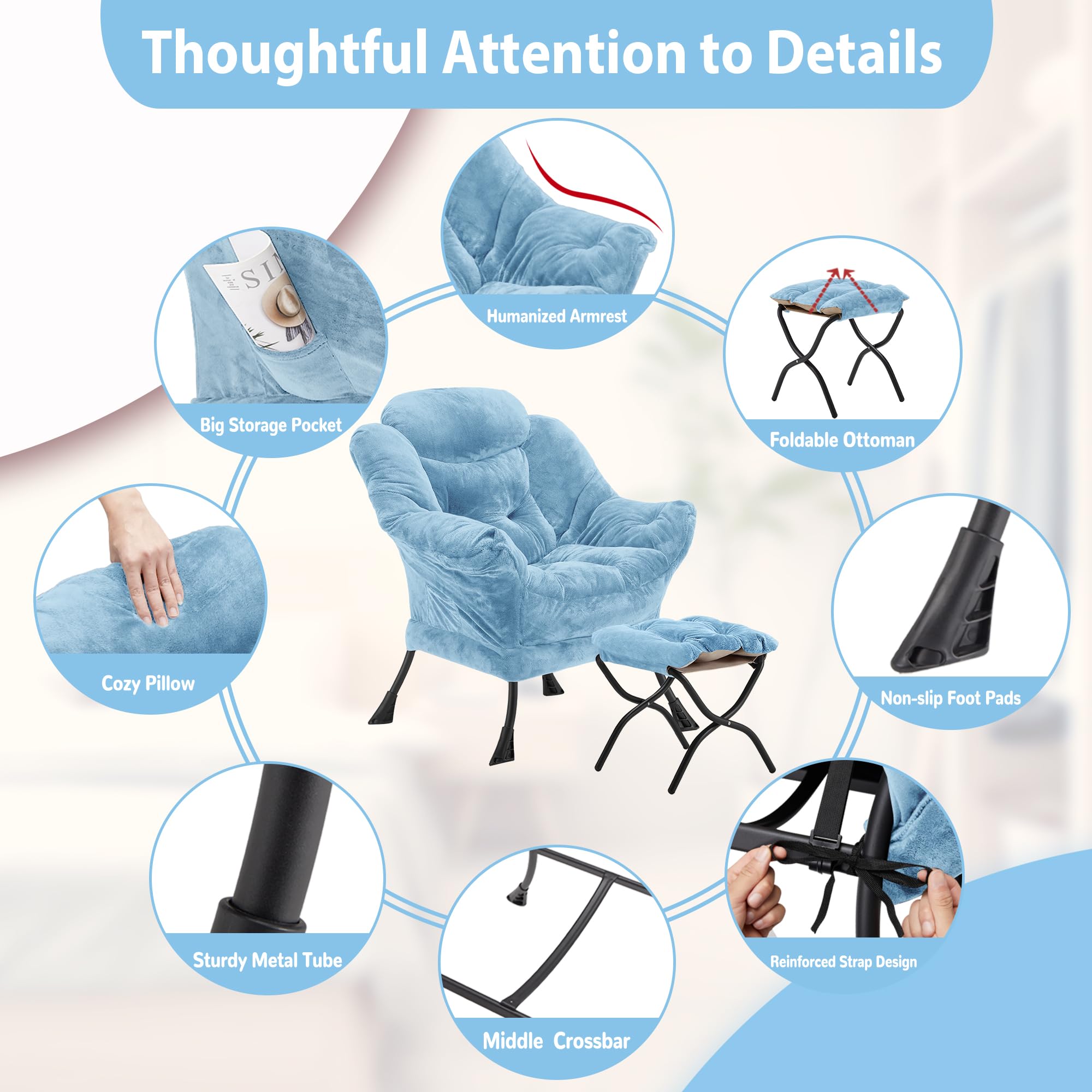 Youtanic Lazy Chair with Folding Ottoman, Accent Chair Velvet Upholstered with Metal Structure and Non-Slip Pads, Sofa Armchair with Footrest and Side Storage Bag for Dorm, Room, Office, Beige