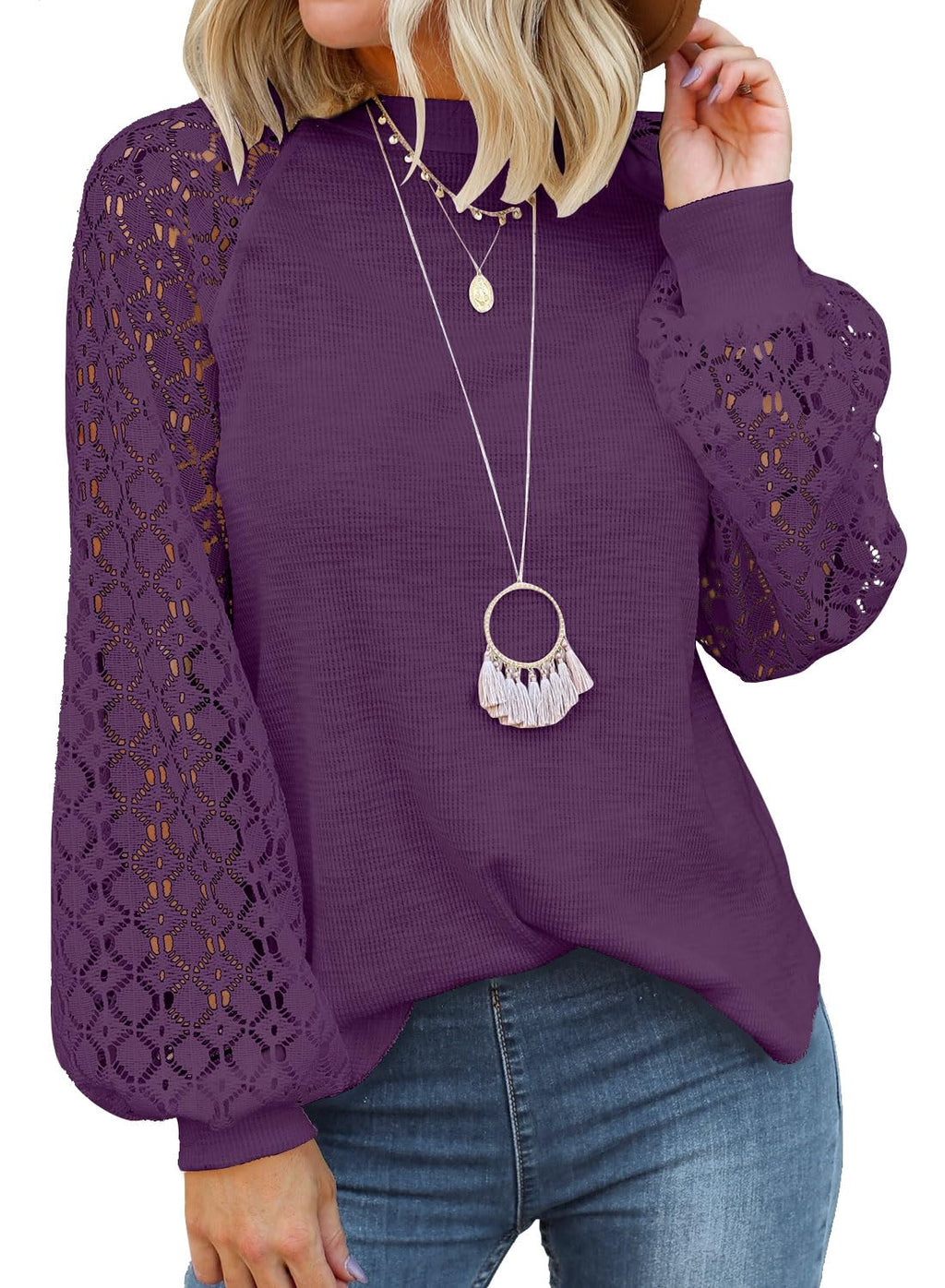 MIHOLL Women's Long Sleeve Tops Lace Casual Loose Blouses Shirts Dressy Outfits