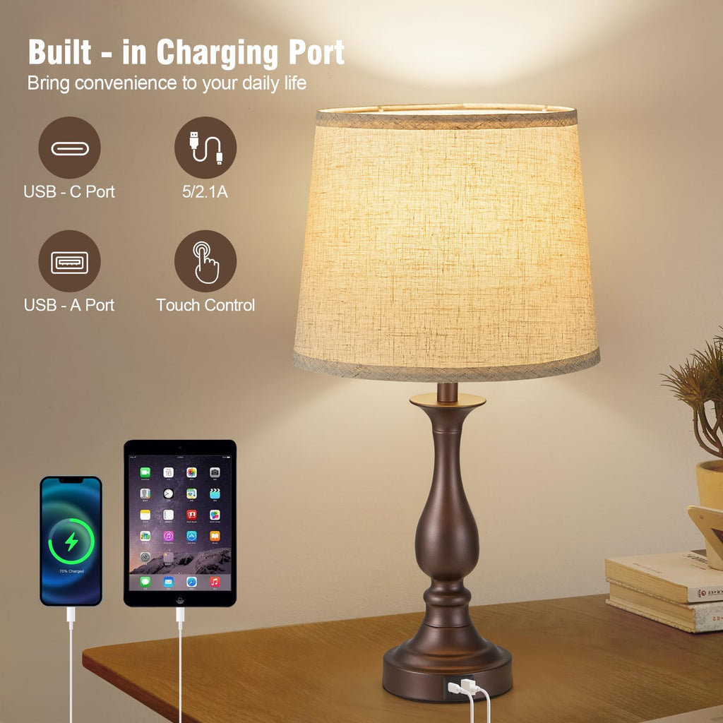 Bedside Table Lamp Touch Control Bedroom Lamps with USB A and C Charging Port 3 Way Dimmable Touch Lamps for Nightstand Living Room Bedroom Dorm Home Office Reading, Set of 2