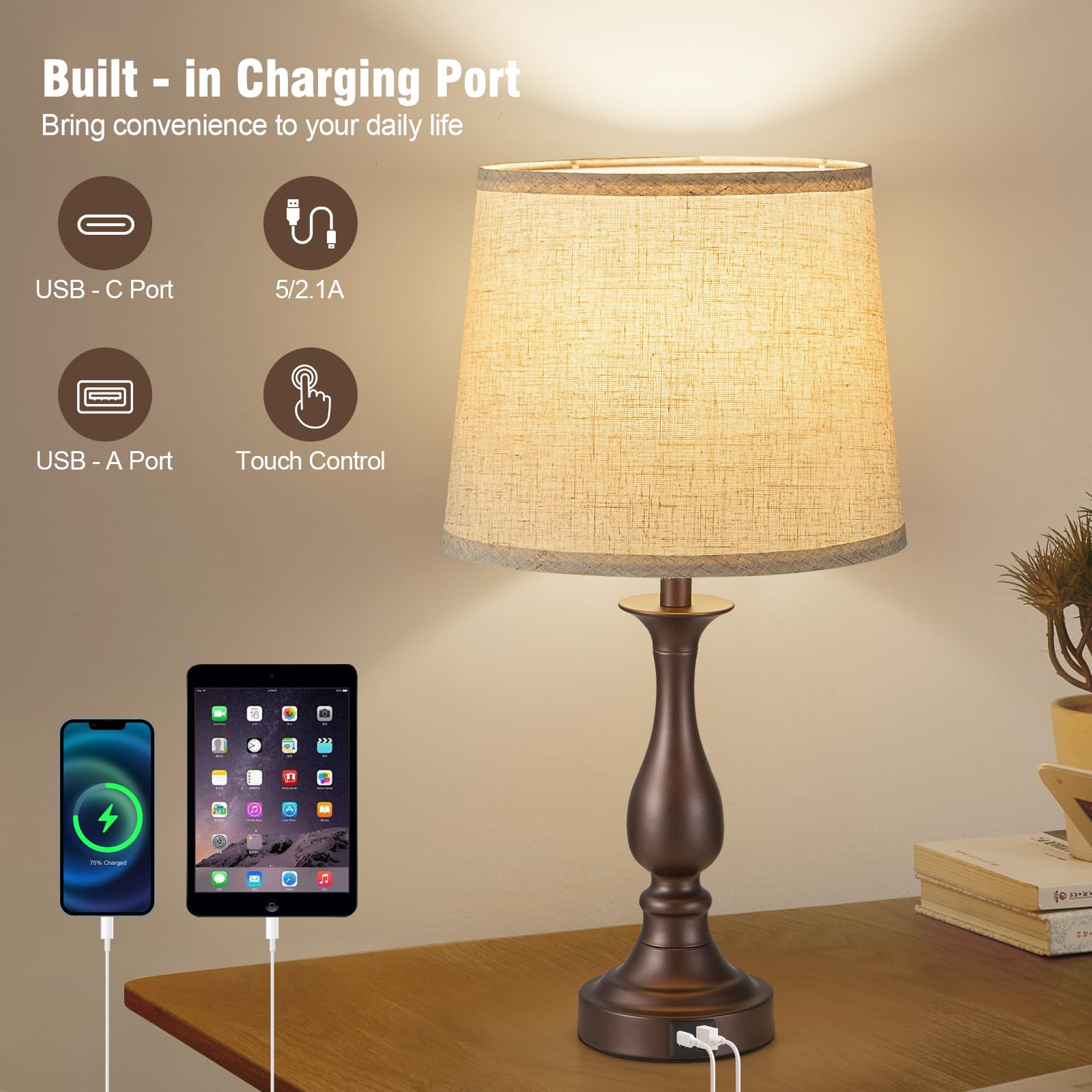Bedside Table Lamp Touch Control Bedroom Lamps with USB A and C Charging Port 3 Way Dimmable Touch Lamps for Nightstand Living Room Bedroom Dorm Home Office Reading, Set of 2
