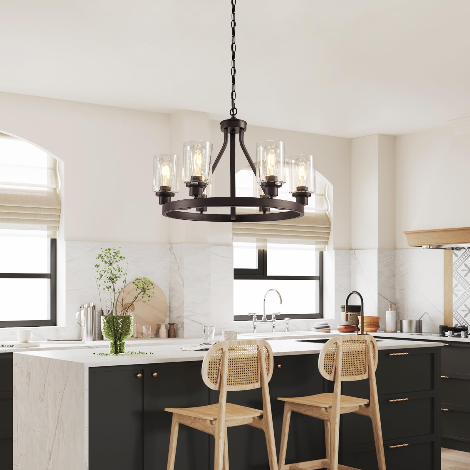 Lanhall 6-Light Modern Dining Room Light Fixture Brushed Nickel Kitchen Chandelier Ceiling Hanging Pendant Lighting with Glass Shade for Living Room Bedroom Entryway Adjustable Height Metal E26