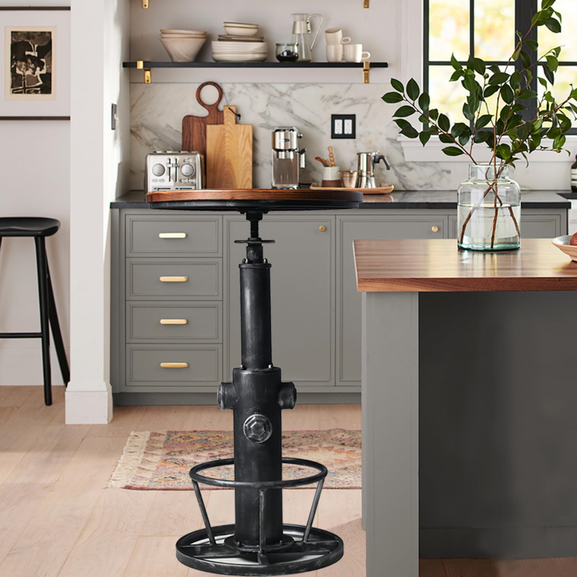 LOKKHAN Industrial Bar Table 38.6"-48.4" Height Adjustable Swivel Round Wood Tabletop 23.7" Dia, Kitchen Dining Office Coffee Bistro Pub Table (Aged Blue)