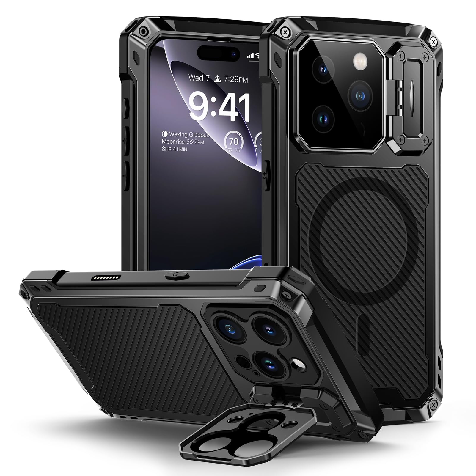 Lanhiem for iPhone 16 Metal Case with Camera Cover & Stand [Compatible with MagSafe] [Built-in Kickstand] [Military-Grade Protection] Heavy Duty Rugged Magnetic Phone Case, Black