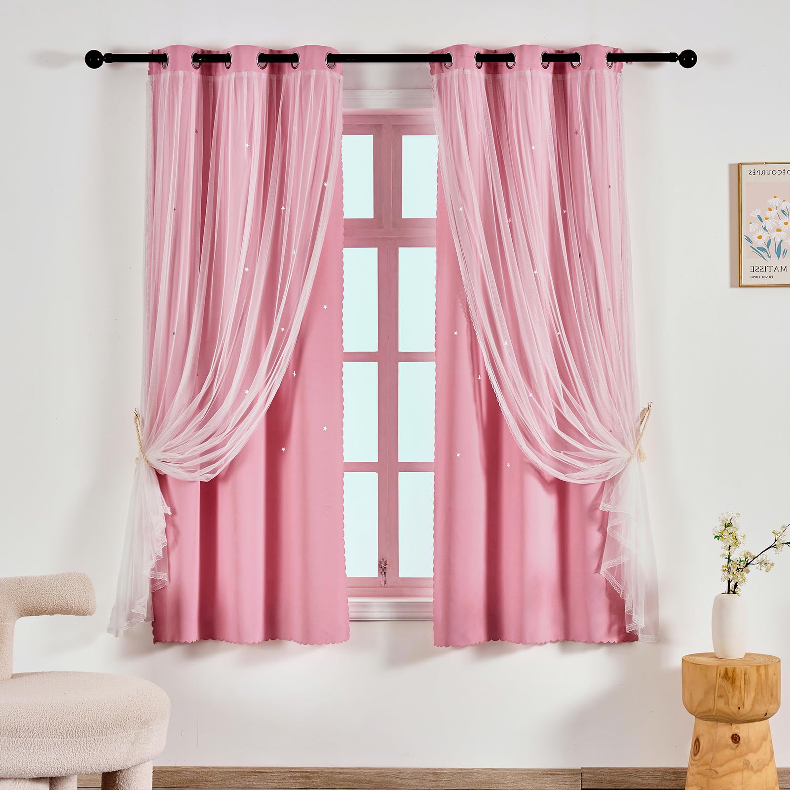 Anytime Star Cut-Out Blackout Curtains for Bedroom 2 Panels,2-Layers Mix Design of Fabric & Tulle,Pretty Pure Color Window Curtain for Kids Room(W35 x L45,LPink)