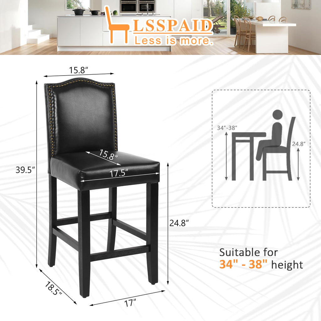 LSSPAID Counter Height Bar Stools Set of 2, 24.8 Inch Modern Upholstered Fabric Barstools, Kitchen Island Chairs with Bronze Nail Backrest and Solid Wood Legs for Kitchen Pub Home Cafe, Beige