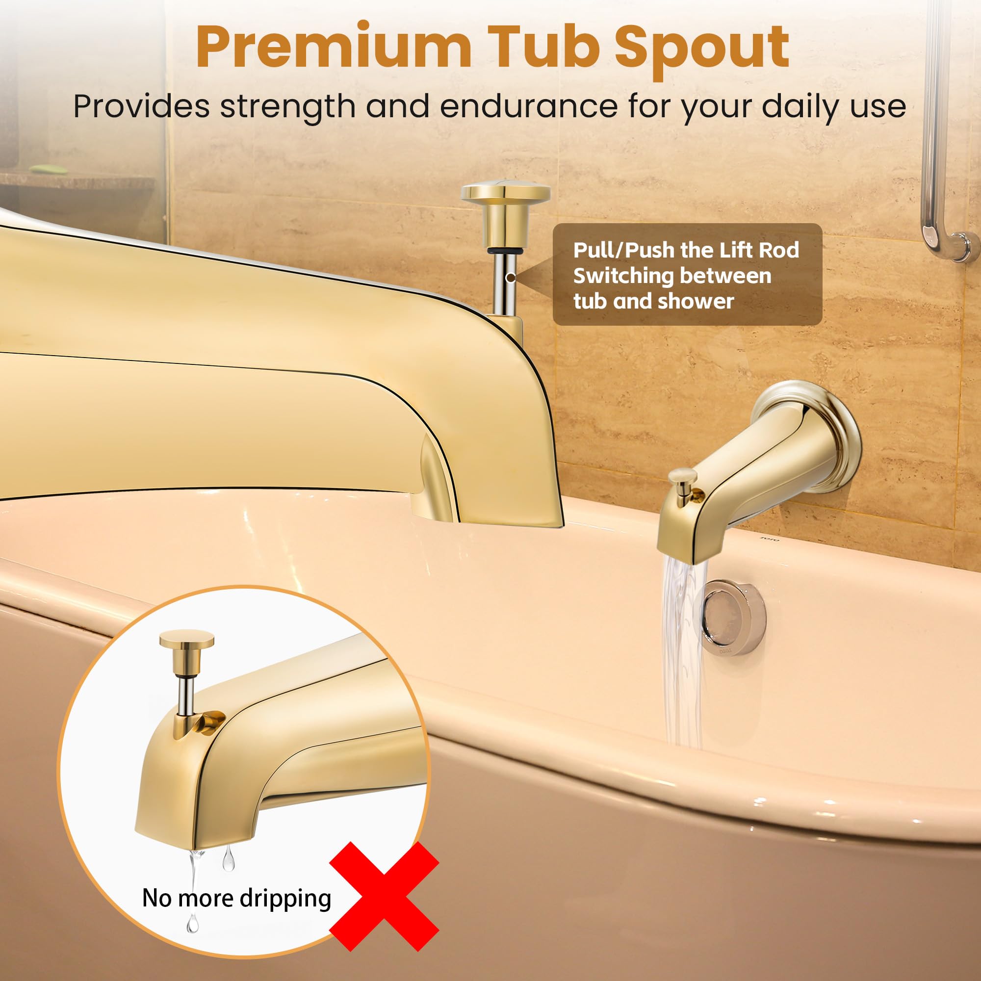 Dreyoo Tub Spout (Universal Fits 1/2" Copper Pipe, 1/2" IPS and 3/4" IPS), Bathroom Bathtub Faucet with Adapters and Hex Wrench(Brushed Nickel,Simple)