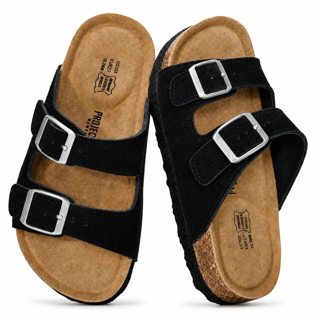 Project Cloud Kids Sandals 100% Genuine Leather - Natural Cork Footbed Non-Slip Slides for Kids - Lightweight Boys & Girls Sandals - Water-Resistant Girls & Boys Sandals