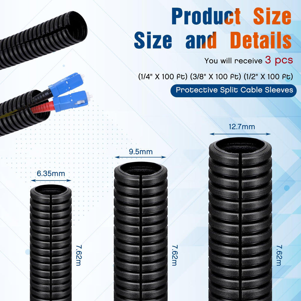 Sasylvia 1/2" x 300 ft Split Wire Loom Tubing Automotive Wire Loom Assortment Split Cable Sleeves Bulk Flexible Electrical Conduit Protective Kit
