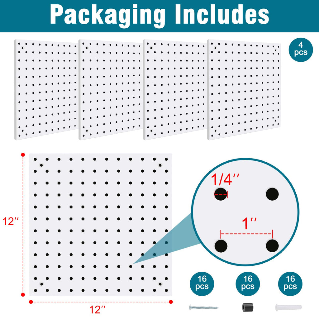 Peg Board,Steel Organization Panels, Ideal for Garage Tool Storage, Office Organization, Craft Room, Kitchen,Pack of 4 (Black, 4-12X12)