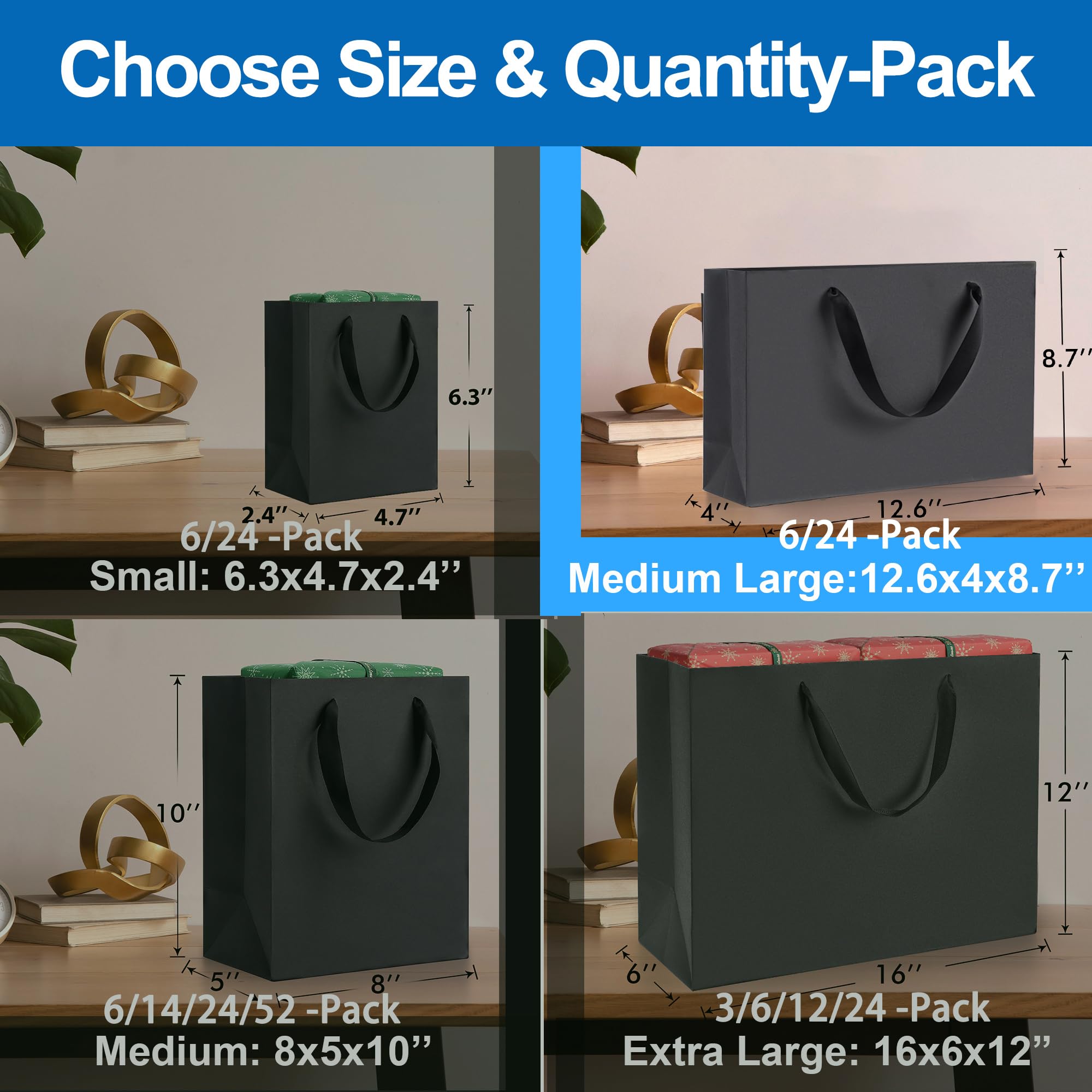 Argivean Black Gift Bags With Handles: 14pcs Medium Gift Bags Bulk 8x5x10 Inch For Wedding Party Birthday Business (M,14)