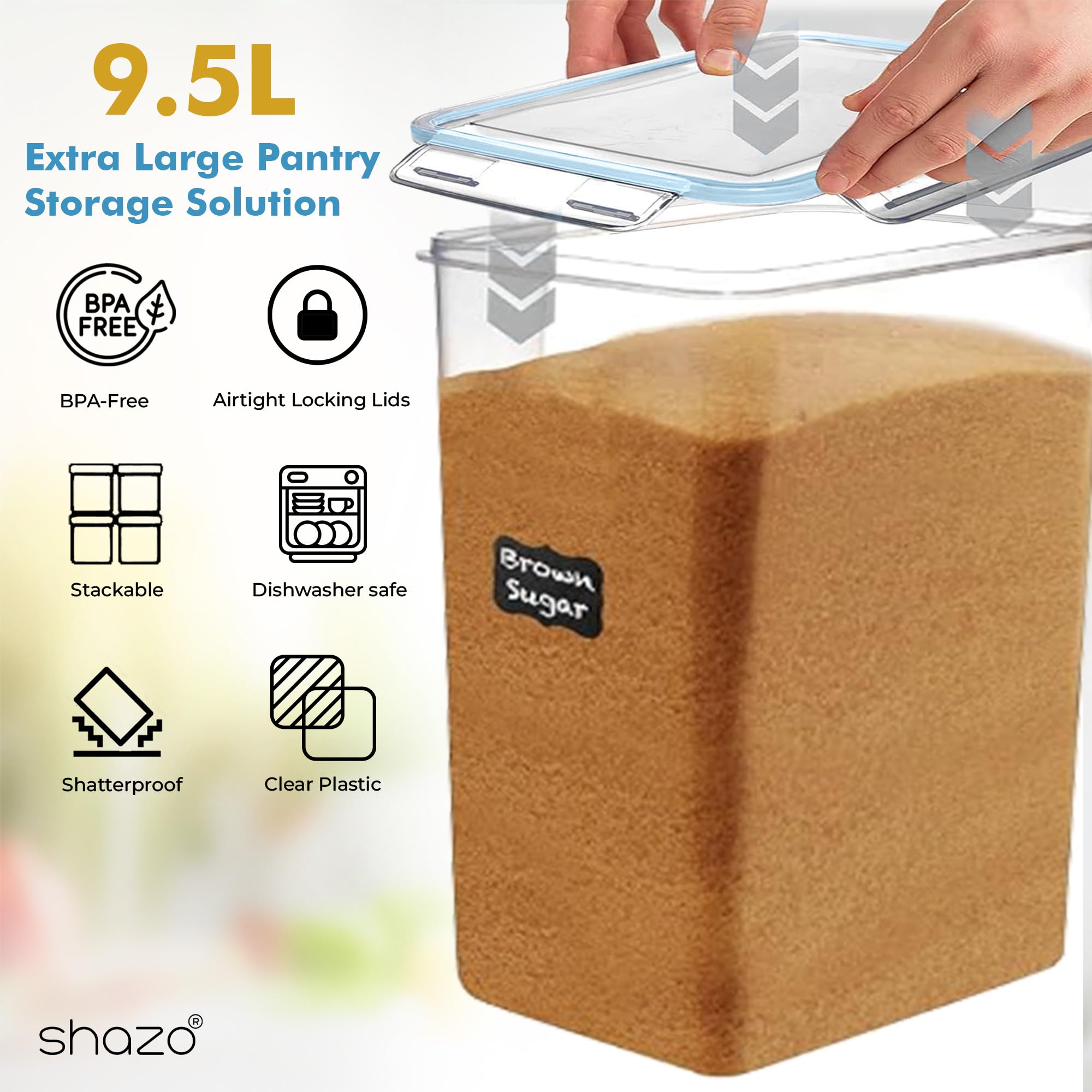 Shazo 2 PC (9.5L | 321 Oz) Extra Large Bulk Food Storage Containers with Airtight Lids for Flour, Sugar, Rice, Cereal & Pasta - Leakproof, BPA-Free Plastic Canisters for Kitchen & Pantry Organization
