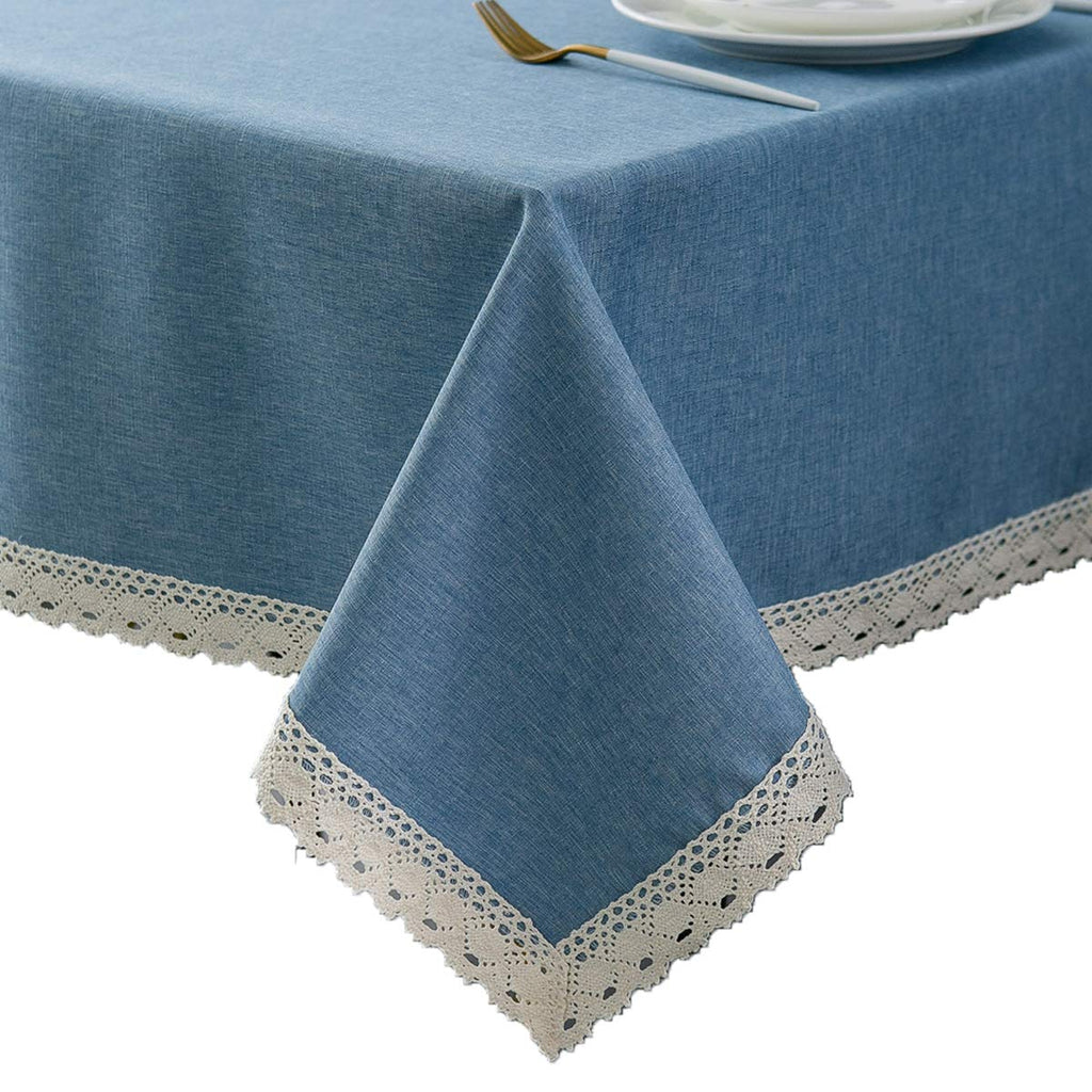 EHouseHome Faux Linen Tablecloth with Lace Trim - Waterproof/Spill Proof/Stain Resistant/Wrinkle Free/Oil Proof - for Banquet, Parties,Dinner,Kitchen,Wedding,Holiday,Blue Fog,Square 52X52Inch
