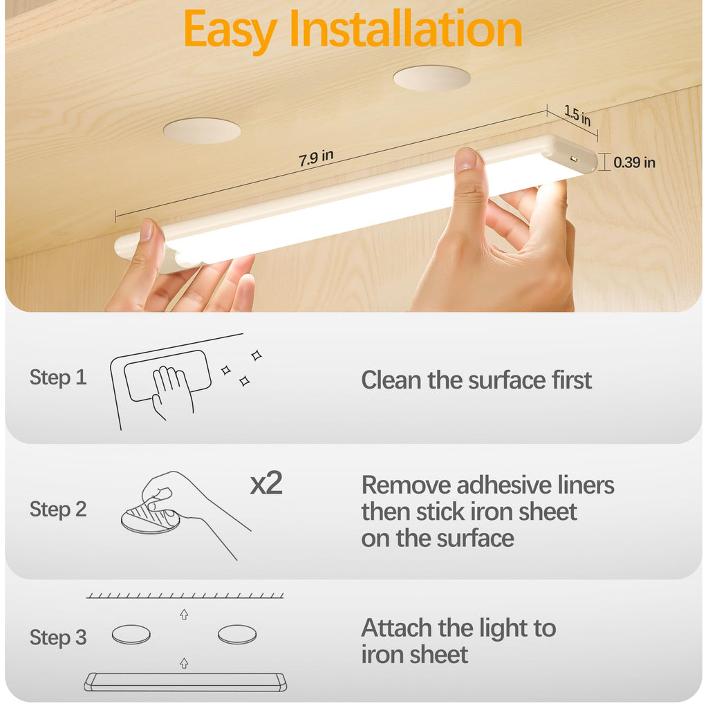 Motion Sensor Under Cabinet Lights, Magnetic Rechargeable Under Counter Closet Light, Wireless Night Light Bar Stick-On, 2-Pack, Warm White