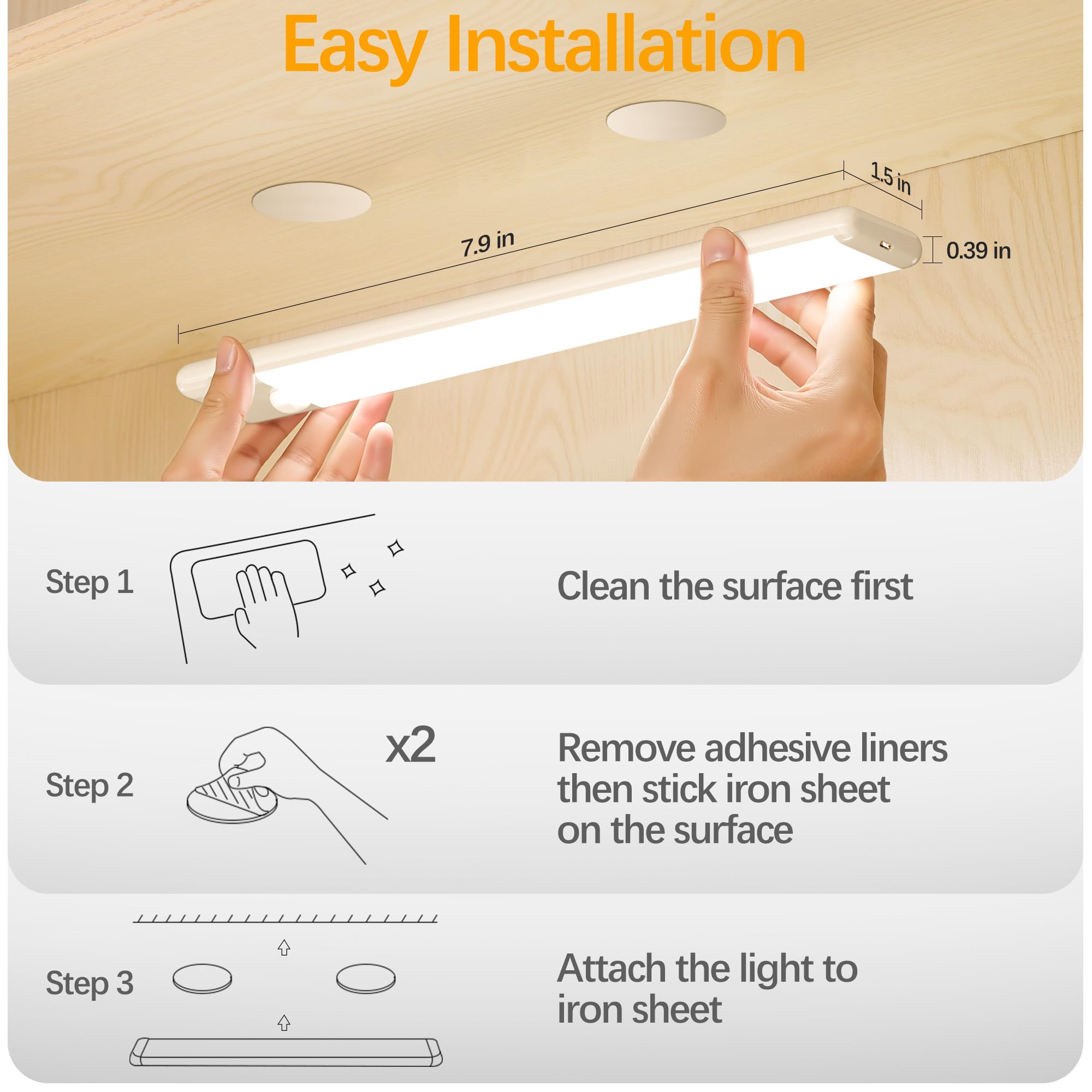 Motion Sensor Under Cabinet Lights, Magnetic Rechargeable Under Counter Closet Light, Wireless Night Light Bar Stick-On, 2-Pack, Warm White