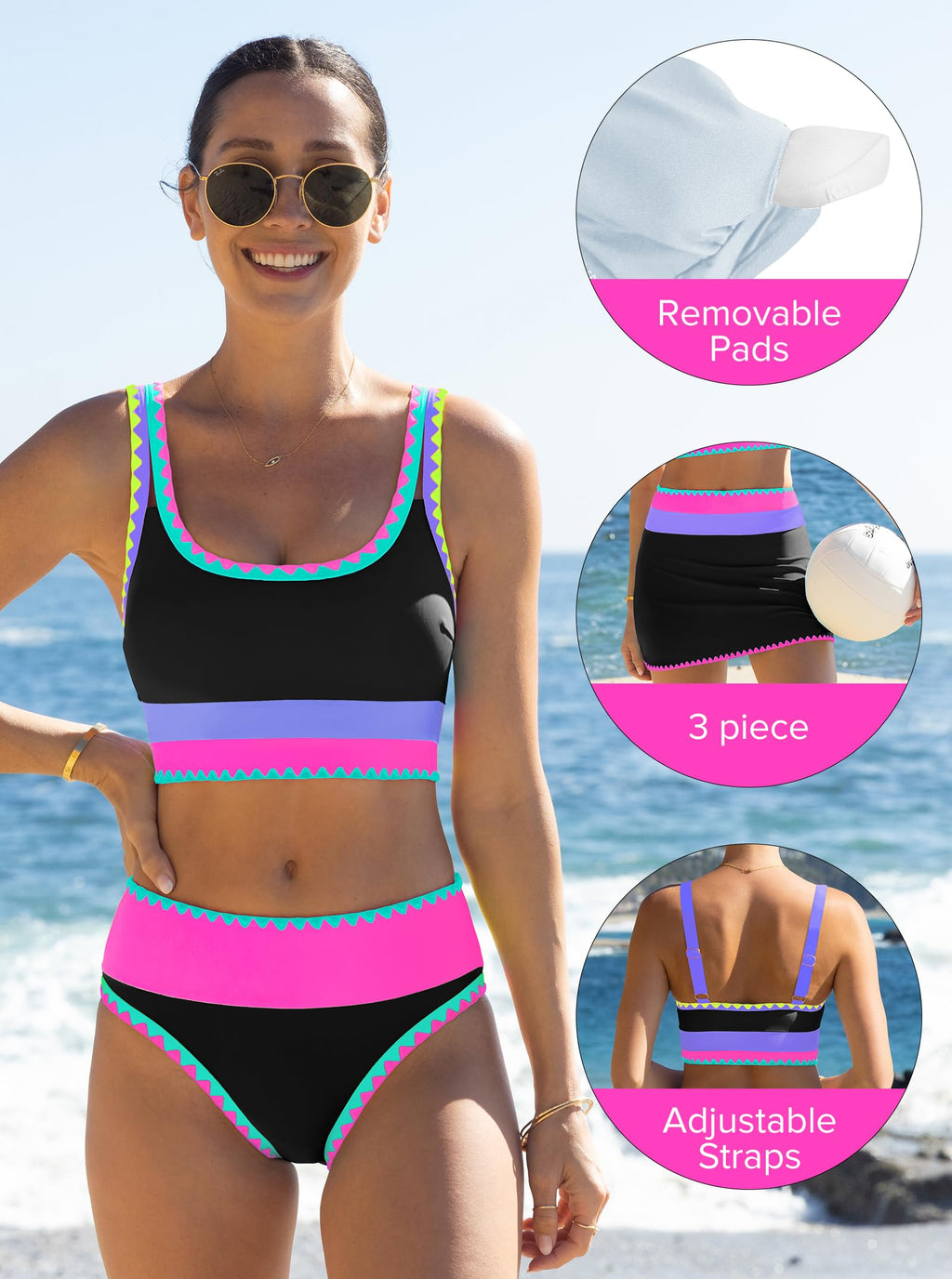 popvil High Waisted Bikini Sets for Women Tummy Control Swimsuits 3 Piece Bathing Suits Neon Swimwear with Skirt 2026