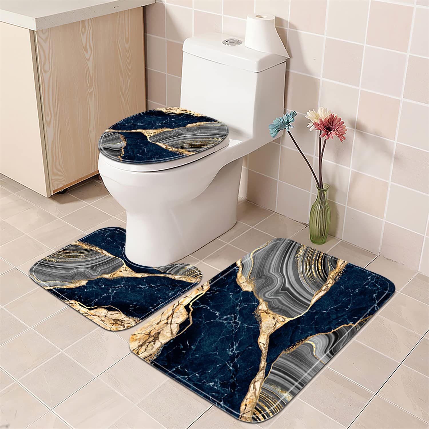 Nkzply 4 Pcs Black Marble Shower Curtain Sets with Rugs Gold Bathroom Sets with Shower Curtain and Rugs Modern Abstract Bathroom Decor Accessories Shower Curtains for Bathroom Toilet Lid Cover