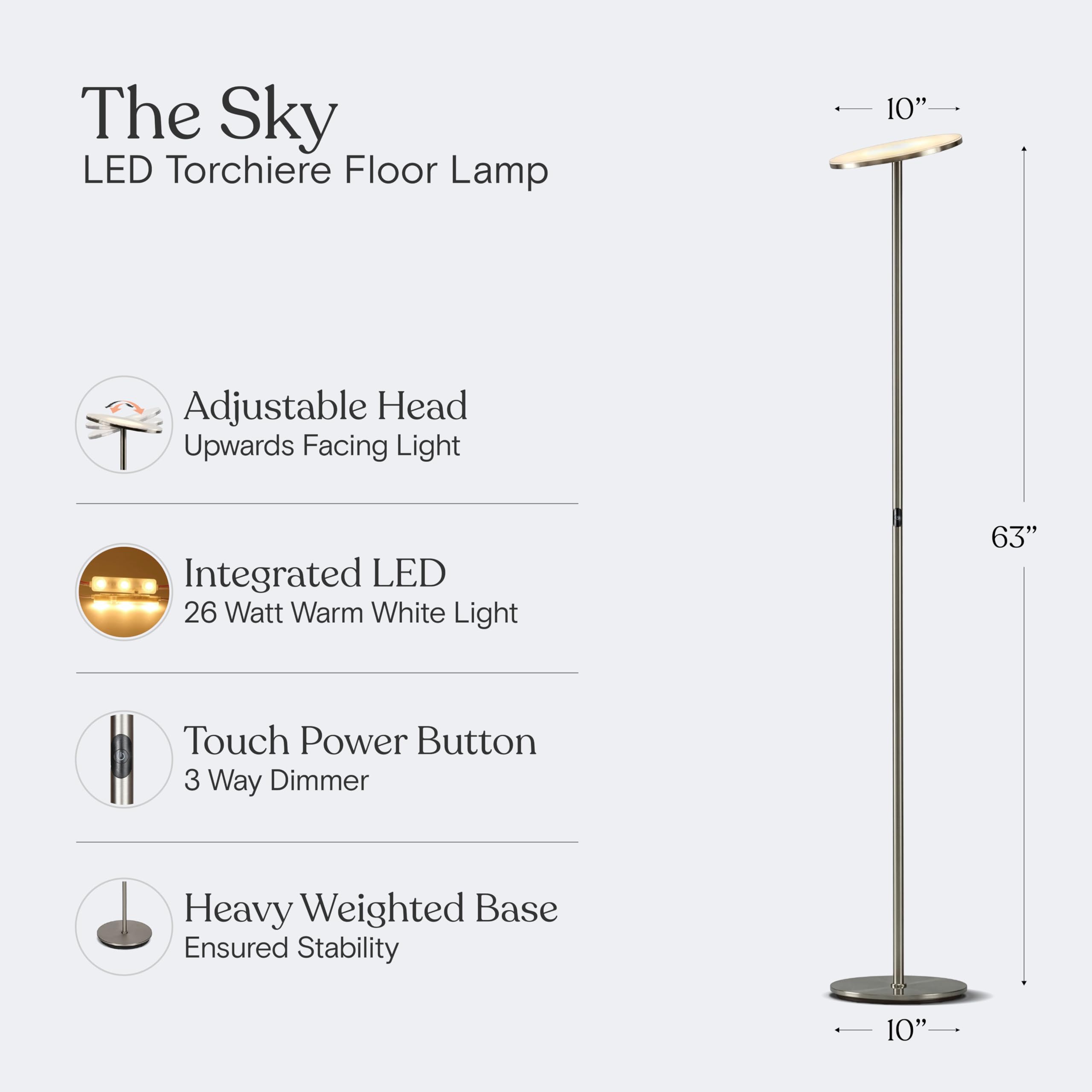 Brightech Sky LED Floor lamp, Torchiere Super Bright Floor Lamp for Living Room Decor & Office - Dimmable, Tall Standing Lamp with Warm Light for Bedroom & Reading - Bronze