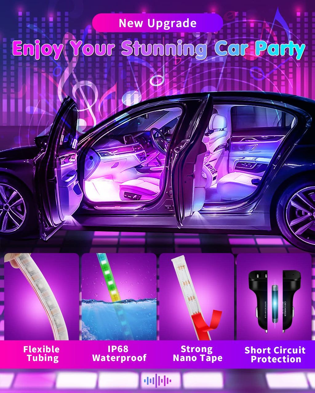 RGB Interior Car Strip Lights with Smart APP Control, Music Sync Under Dash Footwell Neon Internal Lighting Kit 2 Lines Design,12V LED Strip Lights for Cars, Trucks, SUVs with Car Charger(1 Set)
