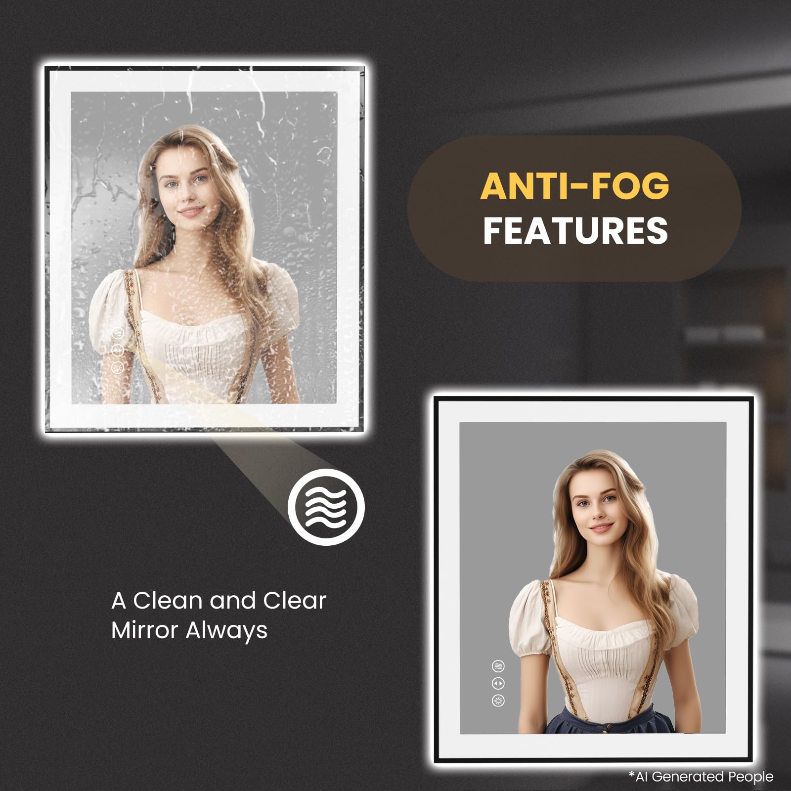 LOAAO 20"X28" LED Bathroom Mirror Black Framed | Anti-Fog, Dimmable, Memory Function, Tempered Glass, Lighted Vanity Mirror for Wall