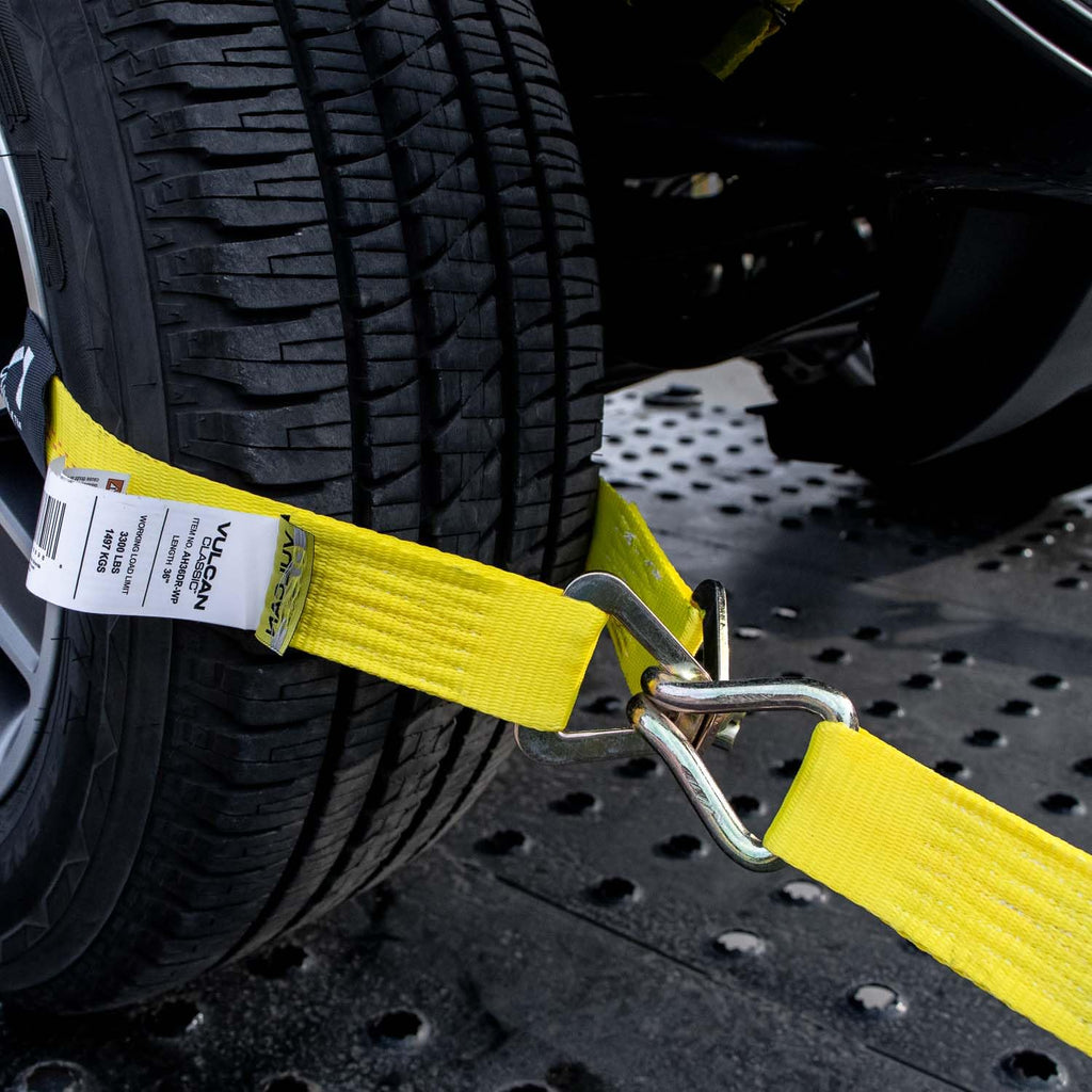 VULCAN Complete Axle Strap Tie Down Kit with Snap Hook Ratchet Straps - Classic Yellow - Includes (4) 22 Inch Axle Straps, (4) 36 Inch Axle Straps, and (4) 8' Snap Hook Ratchet Straps