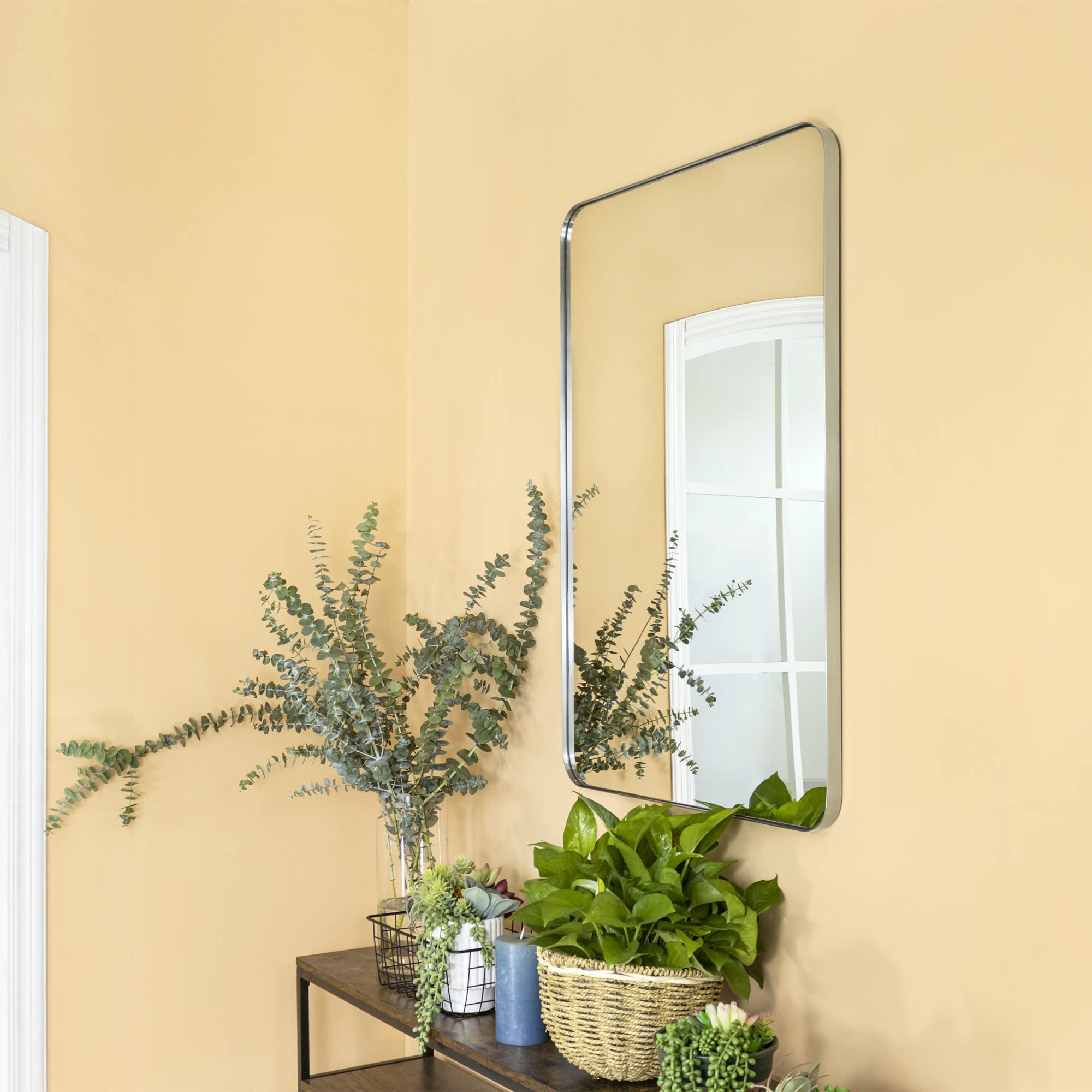 GRACTO 20x30 inch Brushed Nickel Stainless Steel Metal Framed Bathroom Mirror for Wall Mounted Rounded Rectangular Bathroom Vanity Mirror