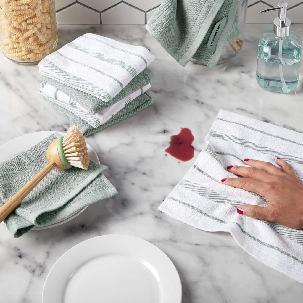 KitchenAid Albany Dishcloth 8 Pack Set, Aqua Sky/White, 12"x12"