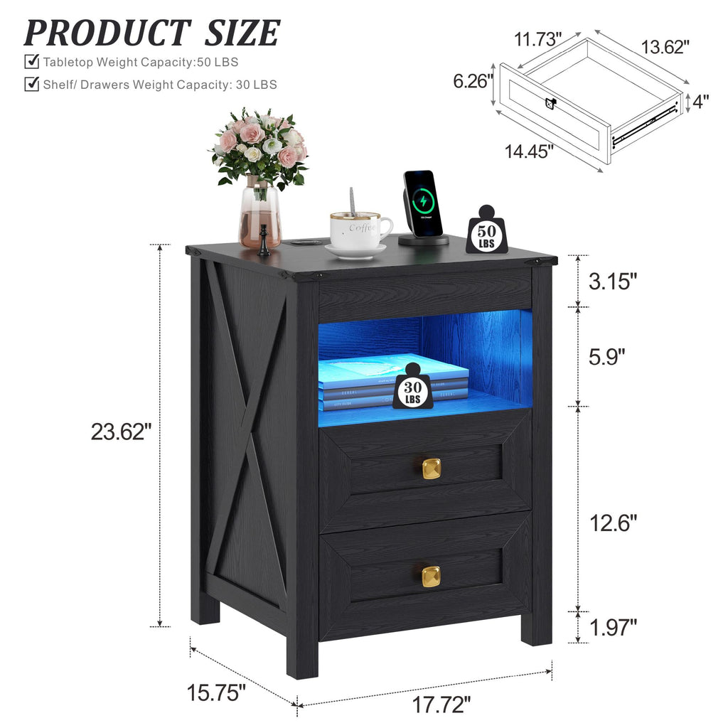 TAGELIER Farmhous Nightstand with Gun Drawer,Bedside Table with Charging Station, Gun Night Stand with LED Light & Human Sensor,Smart End Table for Bedroom, Black
