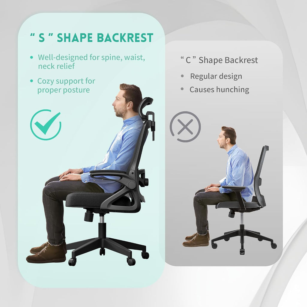 Ergonomic Office Chair, Adjustable Lumbar Support & Rotatable Headrest, 90° Flip-Up Armrests – Breathable Mesh Desk Chair with Thickened Cushion, 360 Swivel – Easy Assemble for Home/Gaming/Office