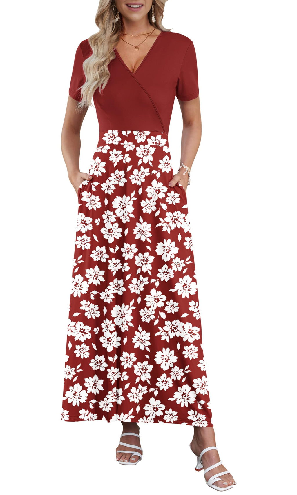 AUSELILY Maxi Dresses for Women Ankle Length Floral Print Beach Long Flowy Dress with Pockets