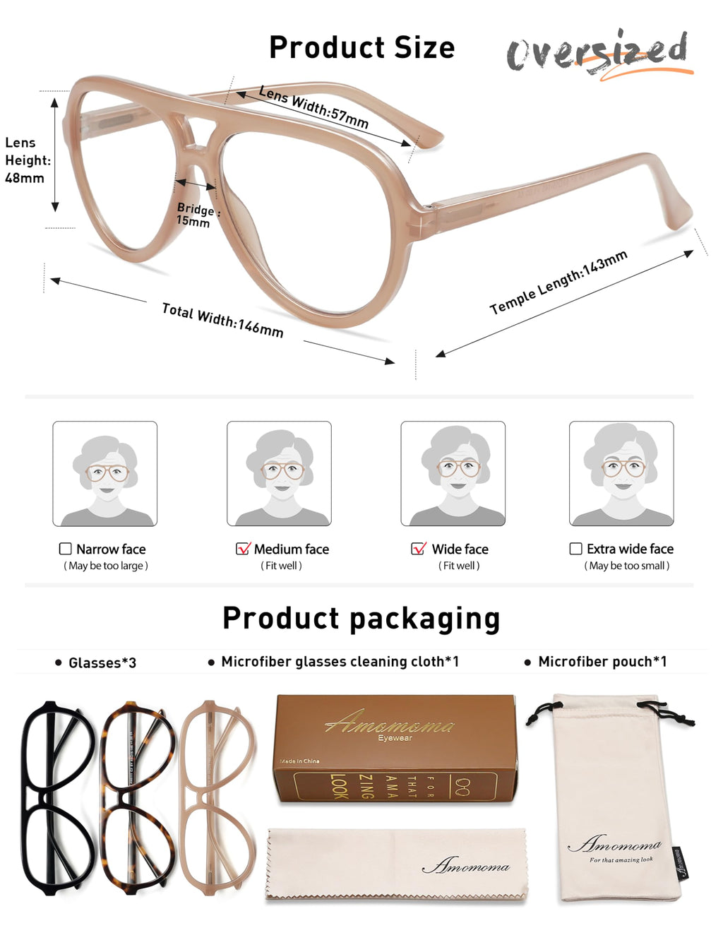 AMOMOMA 3 Pack Retro Oversized Aviator Reading Glasses for Women Men,Classic Large Reader Blue Light Computer Frame AM6111