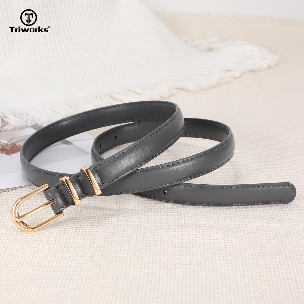 TRIWORKS 2 Pack Women Skinny Leather Belts for Jeans Pants Thin Faux Leather Belt with Gold Buckle