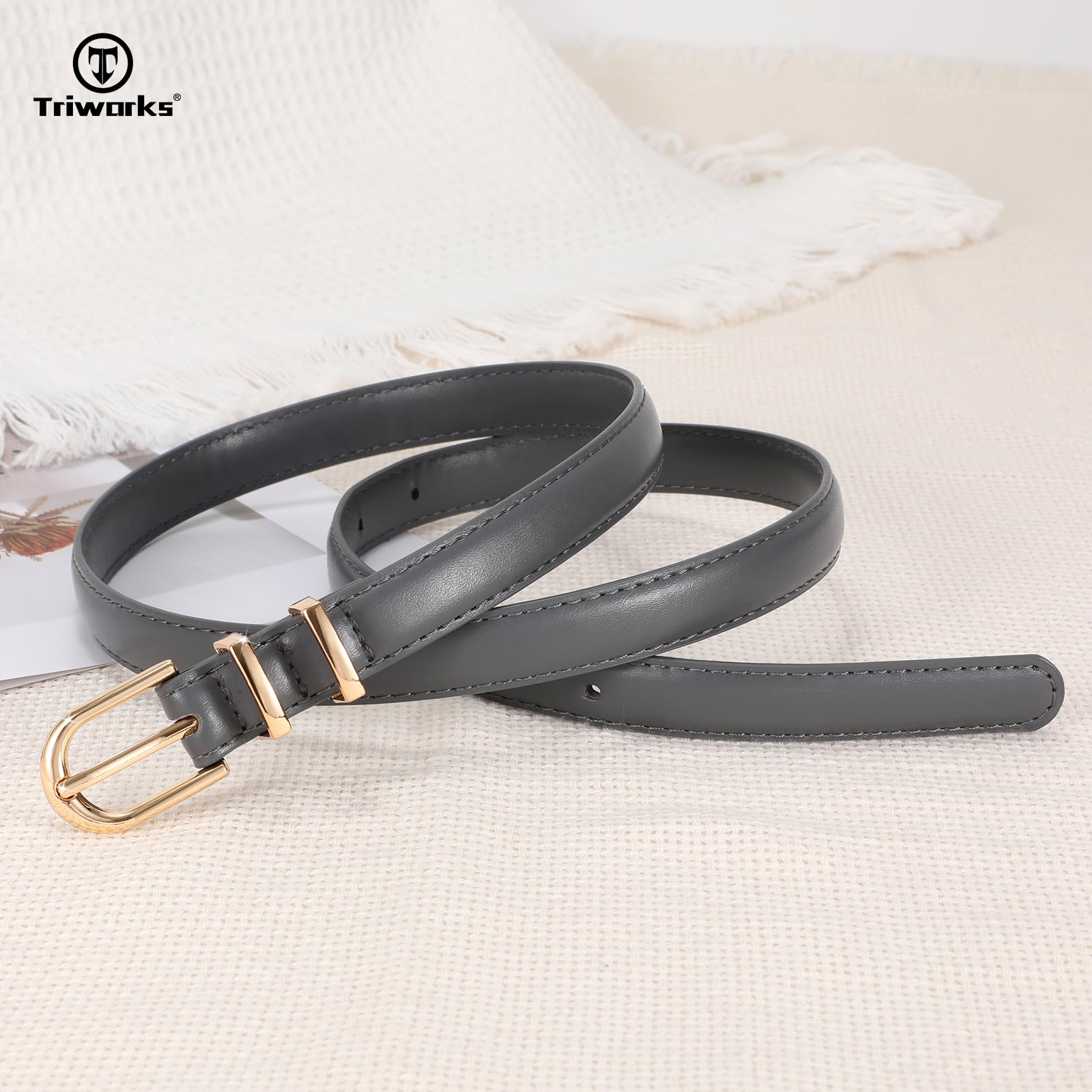 TRIWORKS 2 Pack Women Skinny Leather Belts for Jeans Pants Thin Faux Leather Belt with Gold Buckle